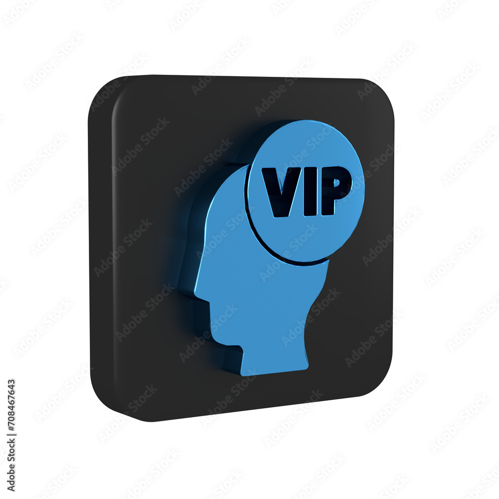 Blue Vip inside human head icon isolated on transparent background. Black square button. Blue Vip inside human head icon isolated on transparent background. Black square button.