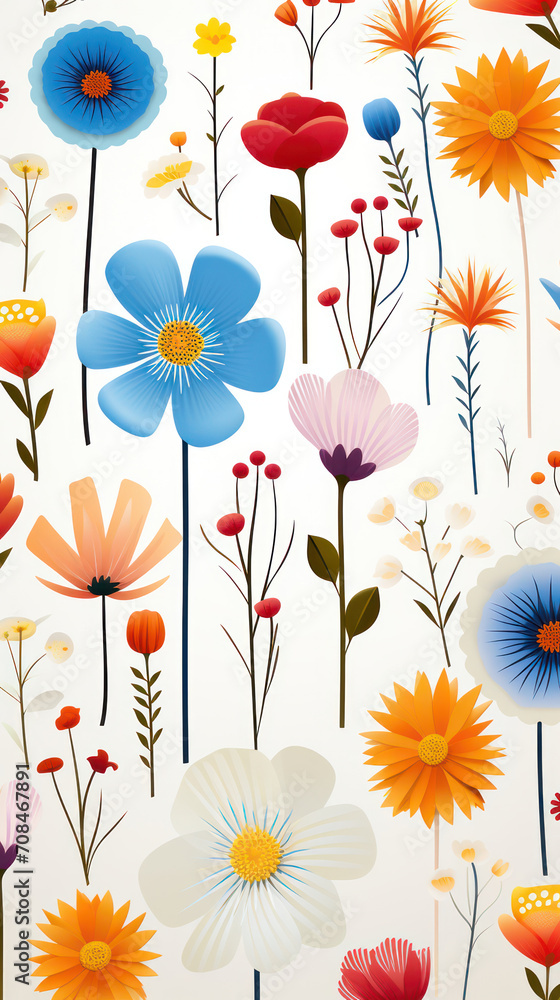 Vintage Floral Blossom on Decorative Blue Meadow: A Romantic Spring Pattern for Modern Wallpaper and Textile Design