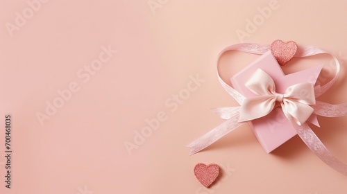 Romantic Valentine's Day Decorations - Top View Photo of Curly Silk Ribbon, Hearts, Small Gift Boxes, and Letters on Pastel Pink Background. Copy-Space for Love Messages and Promotions © Pasinee