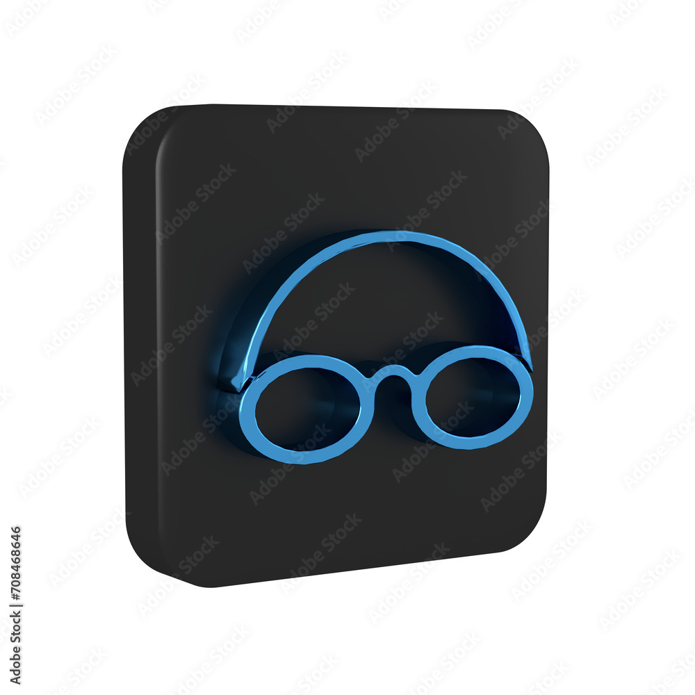 Blue Glasses and cap for swimming icon isolated on transparent background. Swimming cap and goggles. Diving underwater equipment. Black square button. Blue Glasses and cap for swimming icon isolated on transparent background. Swimming cap and goggles. Diving underwater equipment. Black square button.