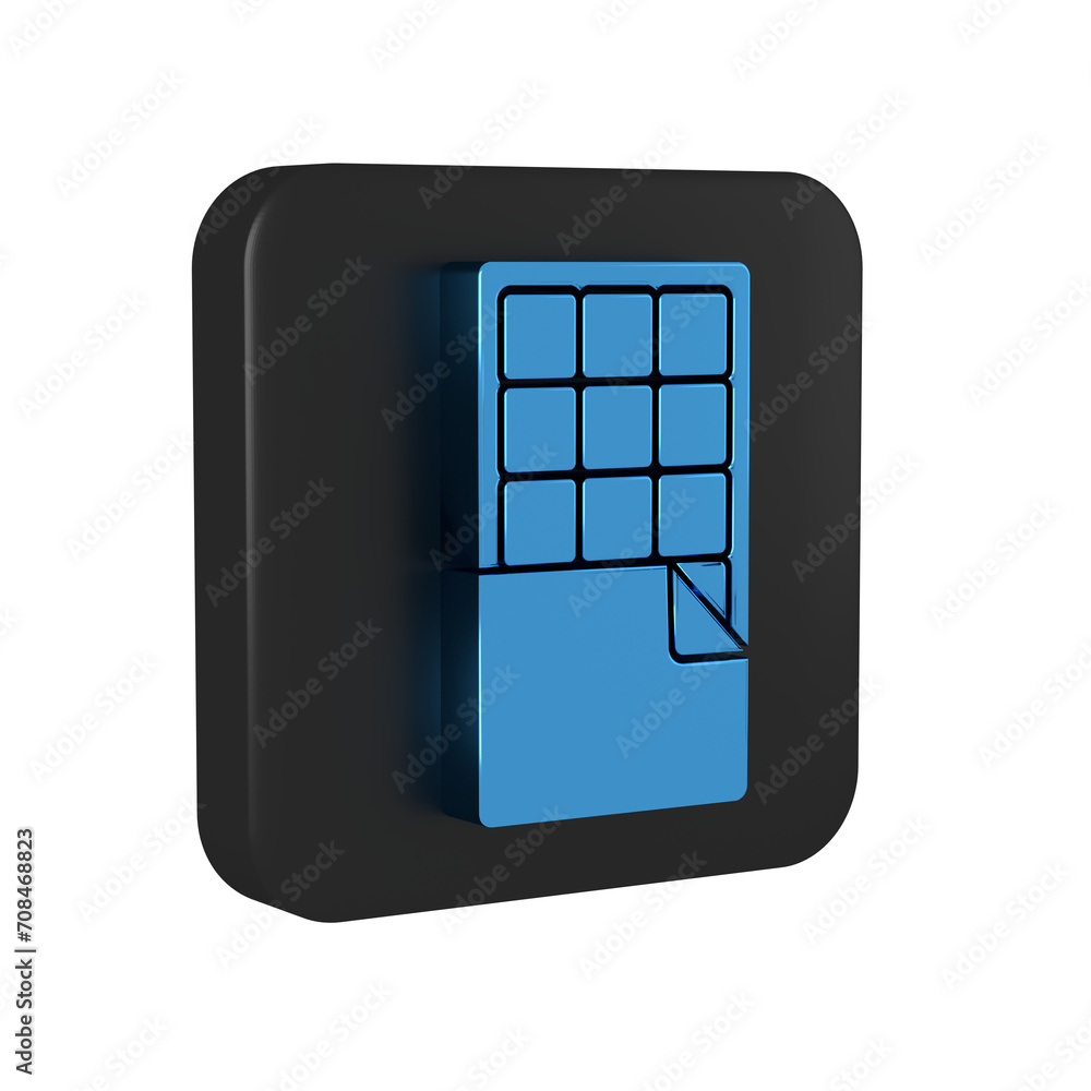 Blue Chocolate bar icon isolated on transparent background. Black square button.