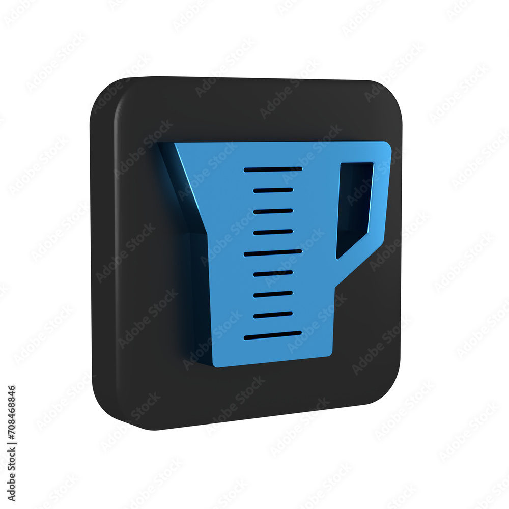 Blue Measuring cup to measure dry and liquid food icon isolated on transparent background. Plastic graduated beaker with handle. Black square button. Blue Measuring cup to measure dry and liquid food icon isolated on transparent background. Plastic graduated beaker with handle. Black square button.
