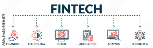 Banner of fintech web vector illustration concept with icons of financial, technology, digital, accounting, analysis, blockchain