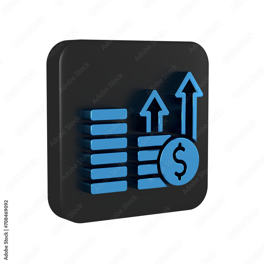 Blue Financial growth and dollar coin icon isolated on transparent background. Increasing revenue. Black square button. Blue Financial growth and dollar coin icon isolated on transparent background. Increasing revenue. Black square button.