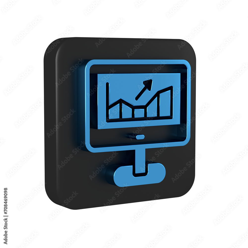 Blue Computer with stocks market growth graphs and money icon isolated on transparent background. Monitor with stock charts arrow on screen. Black square button. Blue Computer with stocks market growth graphs and money icon isolated on transparent background. Monitor with stock charts arrow on screen. Black square button.