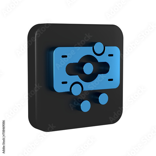 Blue Stacks paper money cash icon isolated on transparent background. Money banknotes stacks. Bill currency. Black square button.