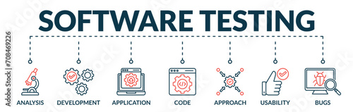 Banner of software testing web vector illustration concept with icons of analysis, development, application, code, approach, usability, bugs