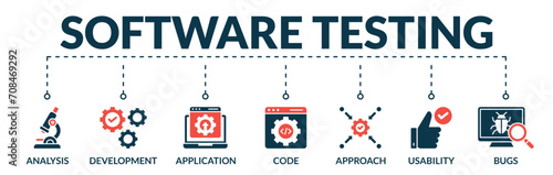 Banner of software testing web vector illustration concept with icons of analysis, development, application, code, approach, usability, bugs