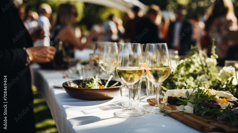 Guests at an outdoor event are eating outdoors