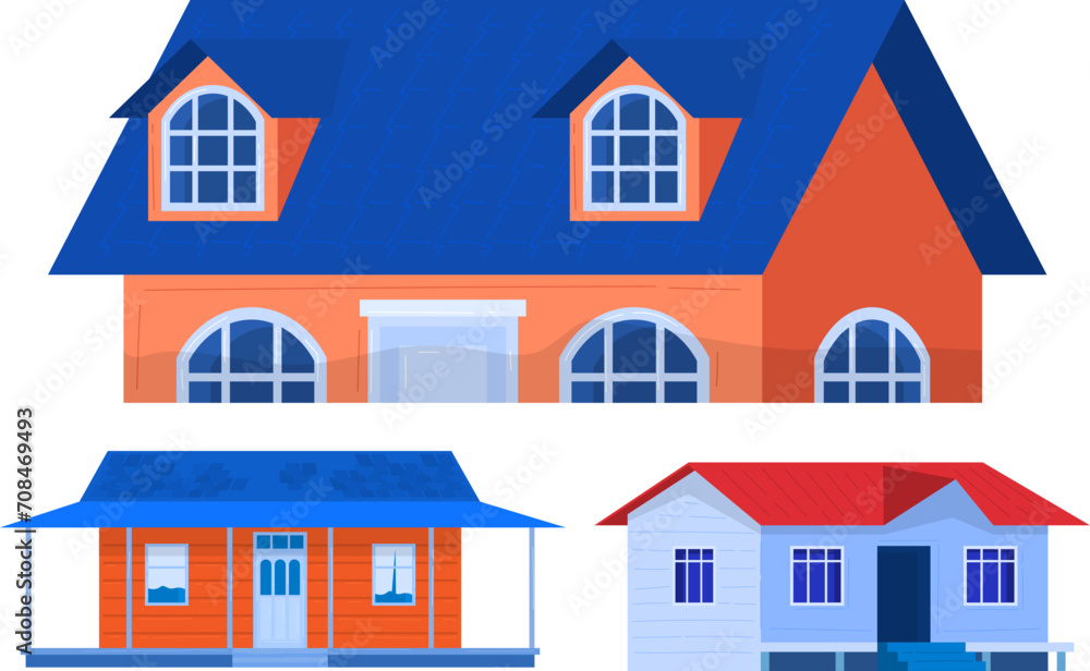 Three different styles of houses, colorful suburban homes, front view. Residential real estate, various architecture designs vector illustration. Three different styles of houses, colorful suburban homes, front view. Residential real estate, various architecture designs vector illustration.
