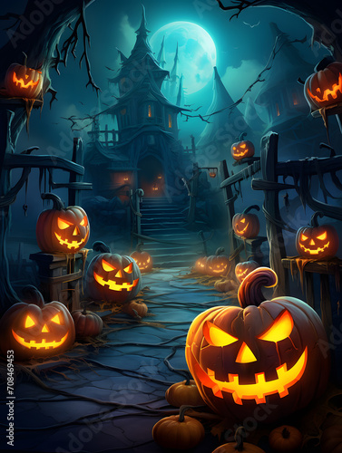 A spooky scary forest with a pumpkin, bat, moon on a scary halloween night.