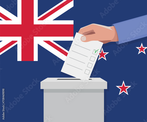 New Zealand election concept. Hand puts vote bulletin