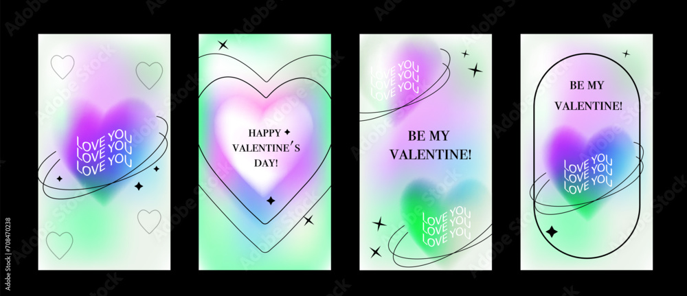 Happy Valentine's Day greeting card set. Gradient. Typography poster. y2k aesthetic. Social media template. Digital marketing. Sale promotion. Vector illustration