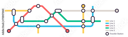 Scheme of metro stations and plan of subway with colorful lines, fictional metro map of underground, layout of public passenger transport routes, subway train tracks plan flat illustration.	
