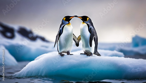 Penguins holding hands on an iceberg; valentine wallpaper concept