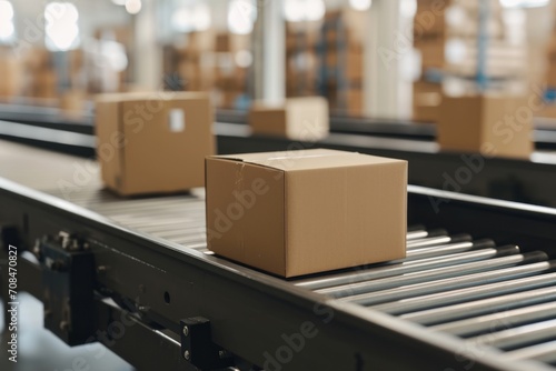 A cardboard box on a conveyor belt in a large warehouse.