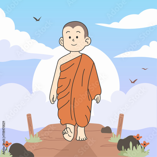Hand drawn Cartoon character of Buddhist monks cute style walk illustration vector
