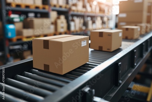 A cardboard box on a conveyor belt in a large warehouse. © NEXTUZ