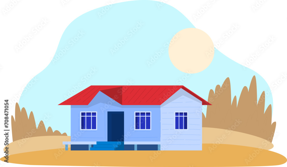 Small blue house with red roof in a countryside setting at daytime. Simple rural home with nature background vector illustration.