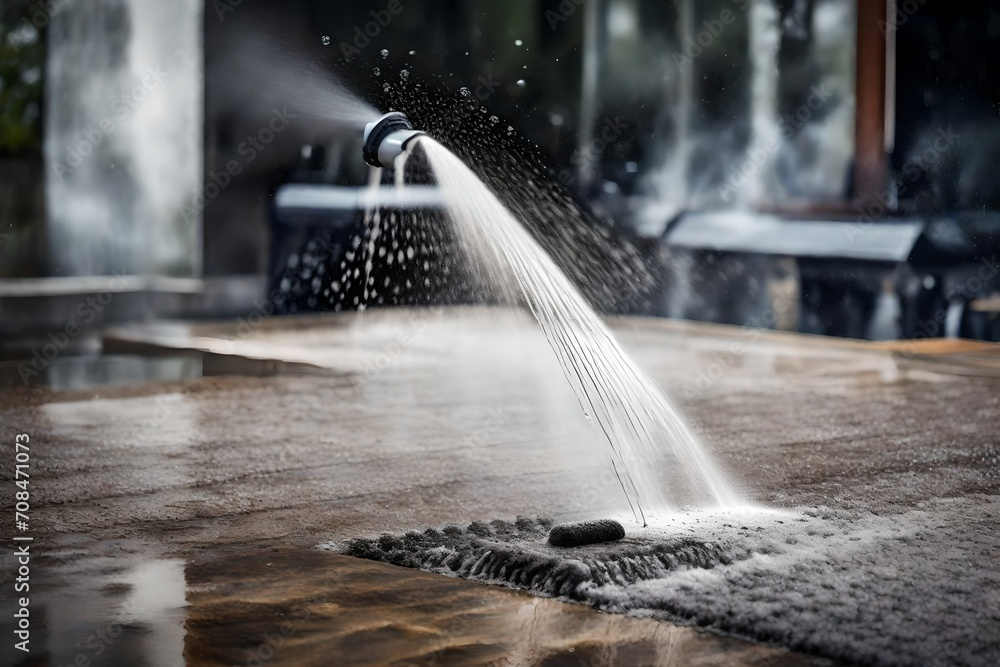 A detailed image of a high-pressure washer in action, cleaning a grimy surface with a powerful jet of water. - obrazy, fototapety, plakaty 