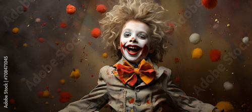 Portrait of a joyful clown with a beaming smile and a classic red nose, embracing the vintage circus atmosphere.