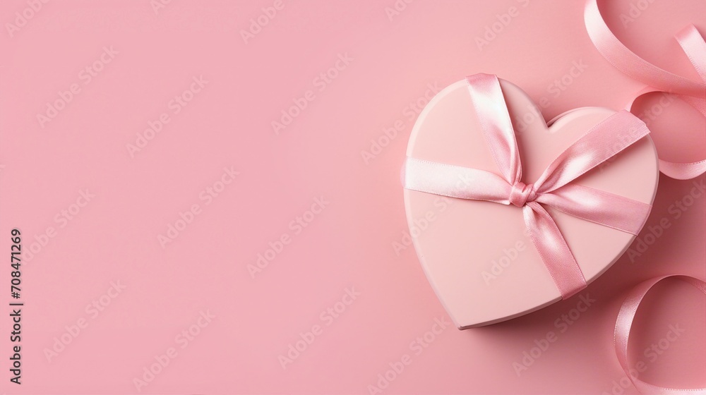 Romantic Valentine's Day Top View Decorations with Heart Shaped Giftbox and Pink Ribbon on Pastel Pink Background - Love Celebration Concept for Greeting Cards and Festive Decor