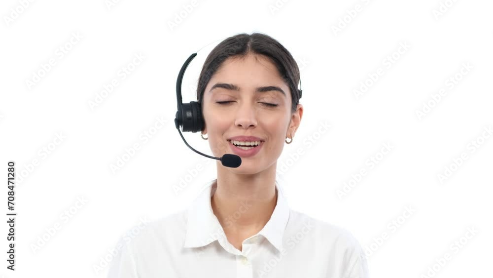 Cheerful female call center worker engages in conversation, showcasing a friendly smile, against a clean white background. Positive demeanor radiates warmth and approachability. Cheerful female call center worker engages in conversation, showcasing a friendly smile, against a clean white background. Positive demeanor radiates warmth and approachability.
