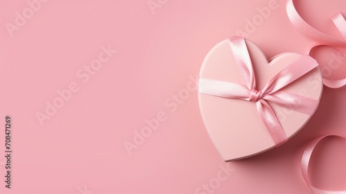 Romantic Valentine's Day Top View Decorations with Heart Shaped Giftbox and Pink Ribbon on Pastel Pink Background - Love Celebration Concept for Greeting Cards and Festive Decor