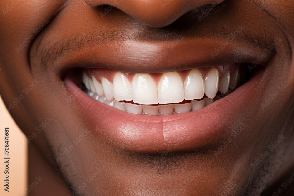 Fototapeta premium Close-Up of a Radiant Black Mans Perfect Smile - Captivating with White Teeth, Exuding Luxury