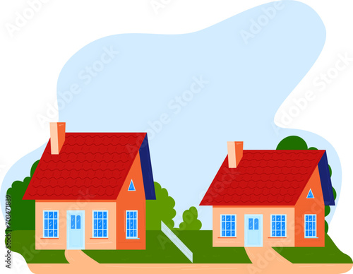 Two cartoon suburban houses with red roofs, trees, and bushes. Idyllic neighborhood concept. Family homes with cozy architecture vector illustration.