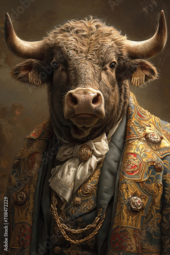 Bull wearing a fancy suit. 