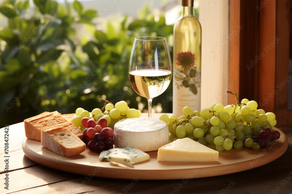 Cheese Selection with Grapes and White Wine on Wooden Table - Sunny Summer Terrace