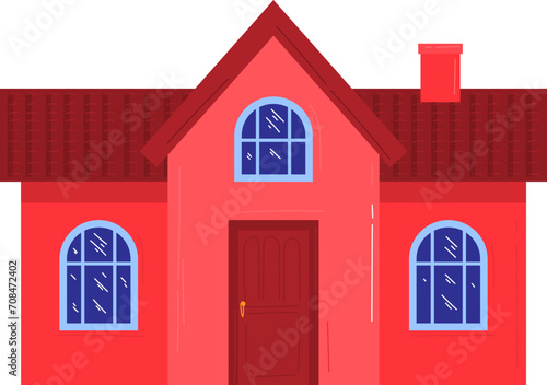 Red house with brown roof and blue windows illustration. Cozy home exterior design, front view. Cartoon home facade vector illustration.