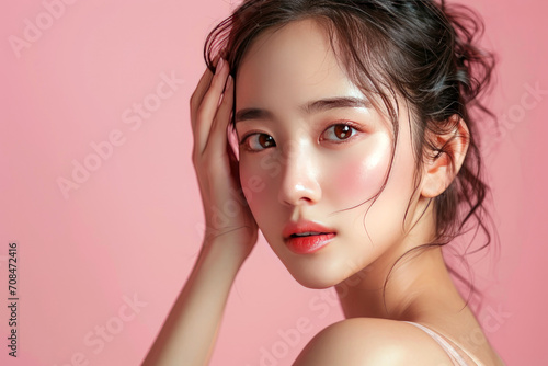 Studio portrait of a beautiful young Asian woman with cosmetics makeup or skin care on her face that makes her look pretty isolated on clean studio background.