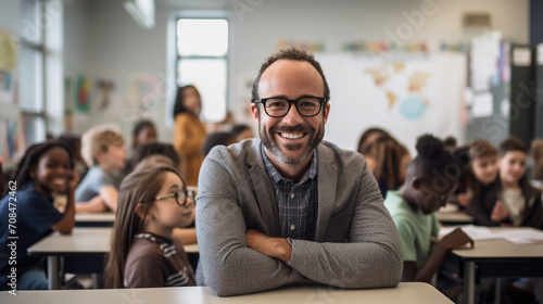 A candid moment captured in an elementary school classroom, featuring a male teacher smiling at the camera with a backdrop of students absorbed in their studies
