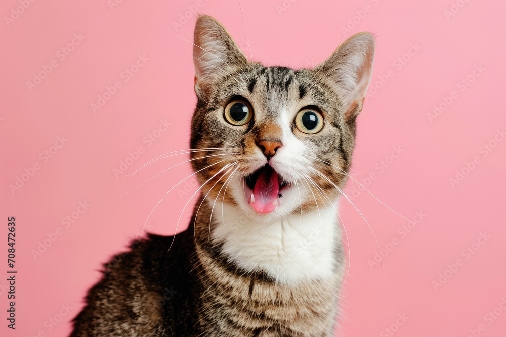 Adorable Astonished Tabby Cat with Mouth Open on Pink Background
