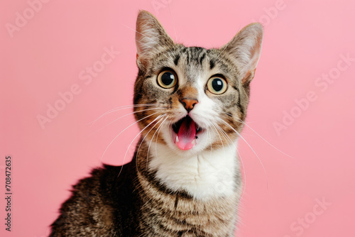 Adorable Astonished Tabby Cat with Mouth Open on Pink Background © Lucy Welch