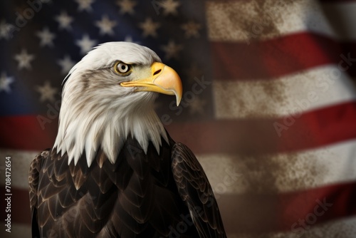 Powerful and majestic american bald eagle standing proudly on a vintage and distressed grunge flag