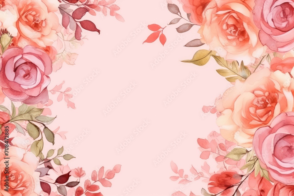 Floral watercolor frame with spring rose flowers and leaves on pink background. St Valentines, Women's, Mothers day. Romantic backdrop for wedding greeting card, banner, template with copy space