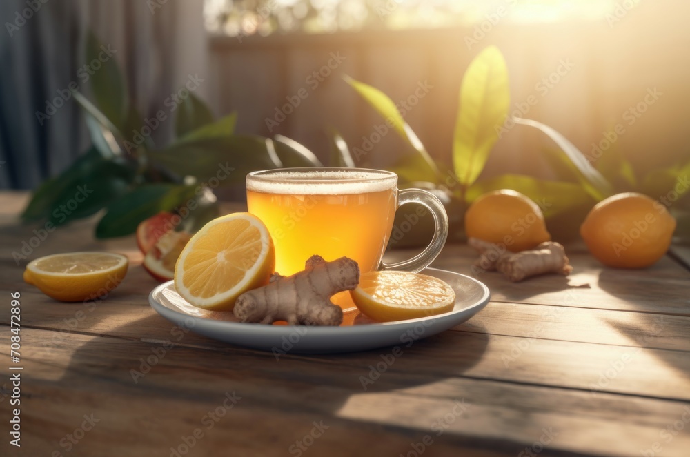 Ginger tea cup with lemon and honey on table. Infused vitamin aroma hot beverage mug. Generate ai