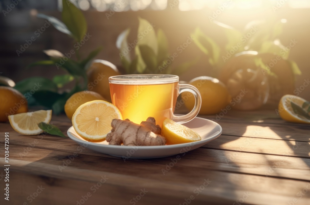 Healthy ginger tea with lemon and honey ingredients. Serving glass hot tea drink cup on wooden table. Generate ai Healthy ginger tea with lemon and honey ingredients. Serving glass hot tea drink cup on wooden table. Generate ai