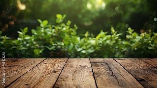 Empty wooden table with garden bokeh background with a country outdoor theme.Generative AI