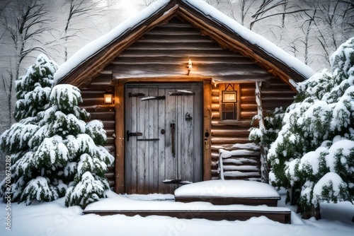A wooden cabin door surrounded by snow-covered trees in a winter wonderland. © pick pix
