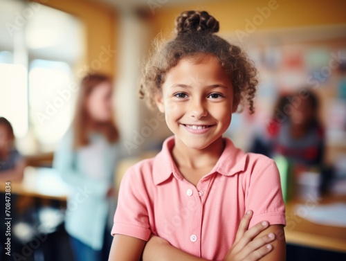 smiling elementary school student standing in classroom with arms crossed.