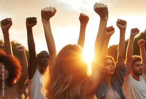 People raised fist air fighting for their rights with sunlight effect,  labor movement, election movement, copy space, generative ai