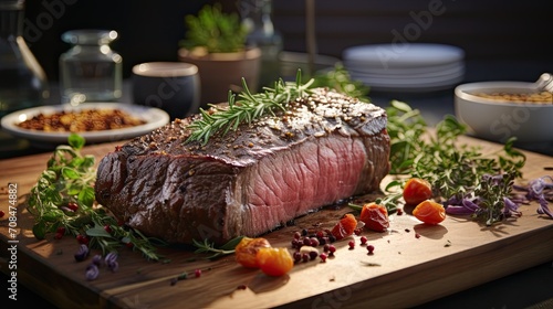 mouthwatering medium rare beef tenderloin steak with vegetables is placed on a plate on the dining table, ready to eat.Generative ai