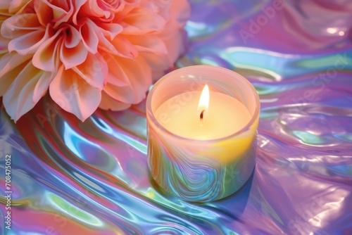 The gentle glow of candlelight complements the soft beauty of roses on a captivating iridescent textured surface.