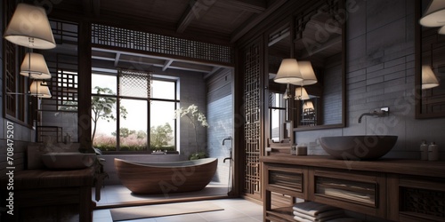 Modern bathroom interior in Chinese style house. © tynza