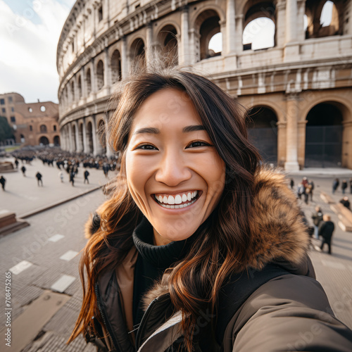 POV of a smiling asian woman taking a selfie with the Roman coliseum in the background photo