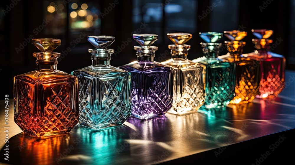 Row of colorful perfume bottles arranged on a dark background. Generative AI